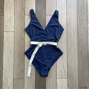 Onia Blue and White One Piece Swimsuit with Belt